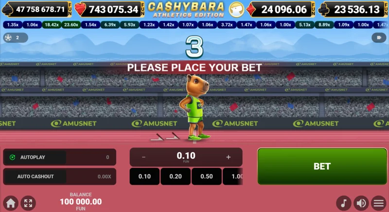 Cashybara Athletics Edition - glavni zaslon teka s števcem koeficienta